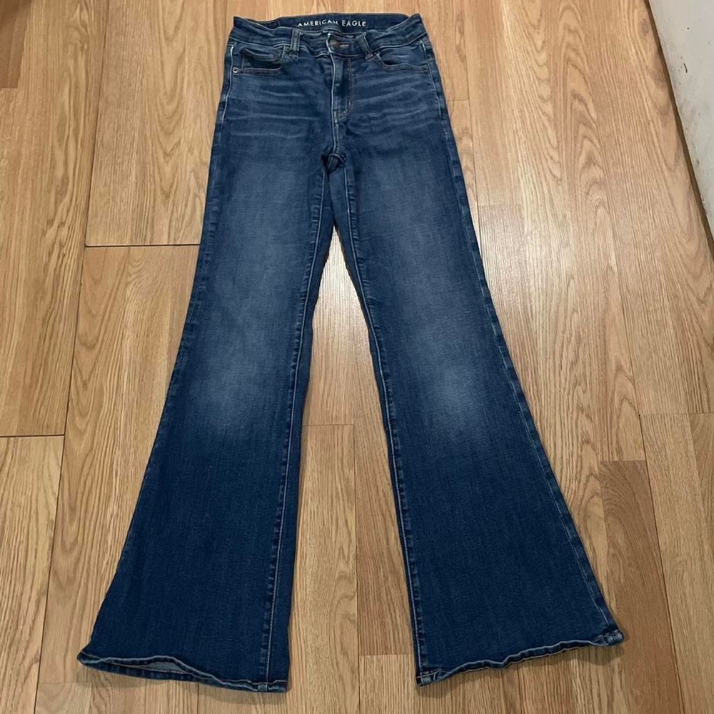 American Eagle Women’s 0 (25x30) Super High Rise Flare Jeans Blue Denim Y2K